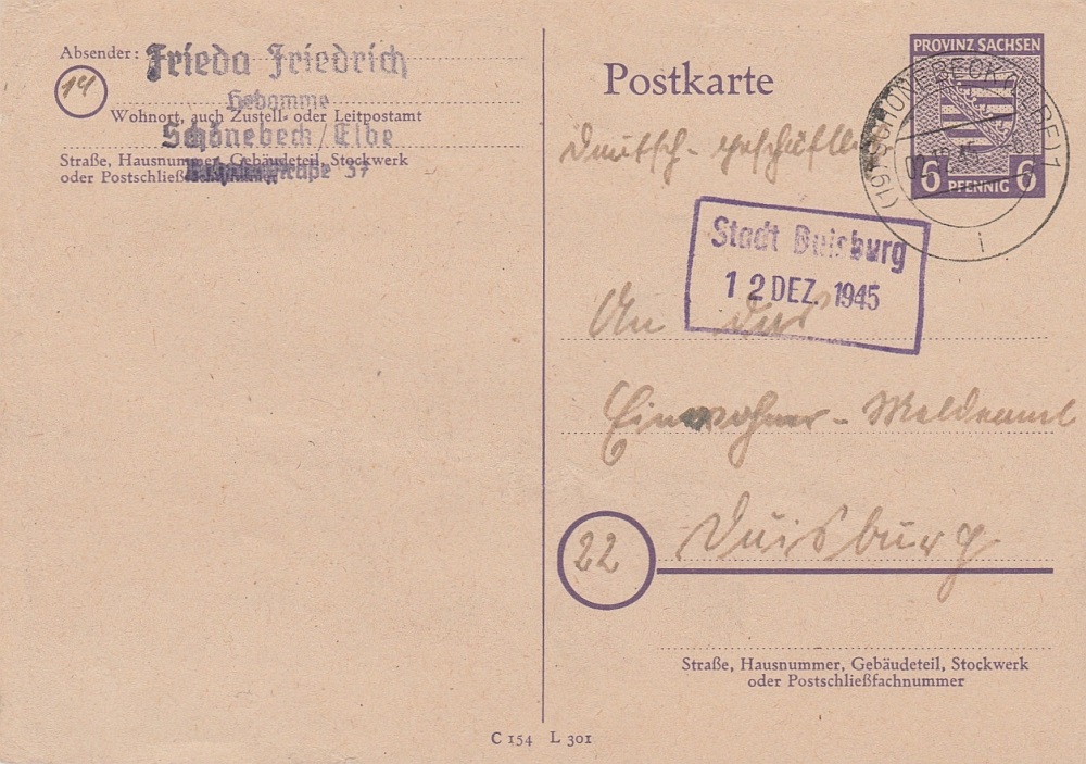 P 10 als Fernkarte von Halle nach Duisburg verwendet